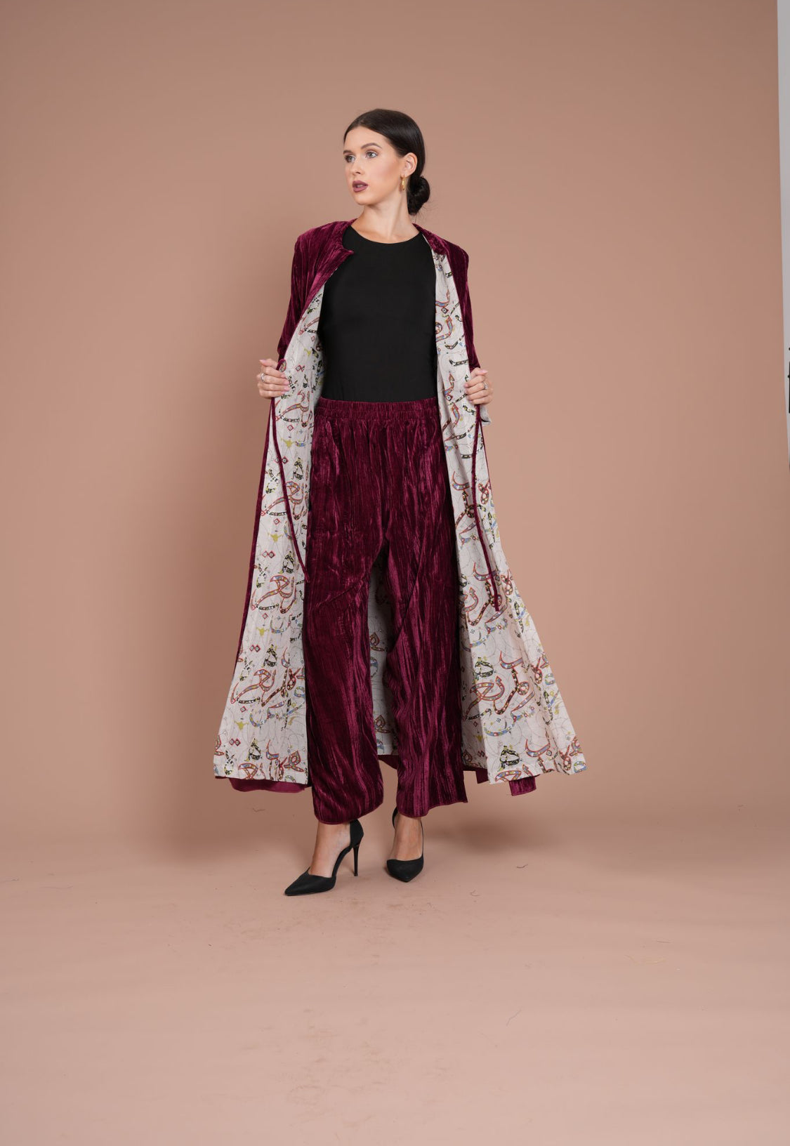 maroon and arabic letters velvet two piece set