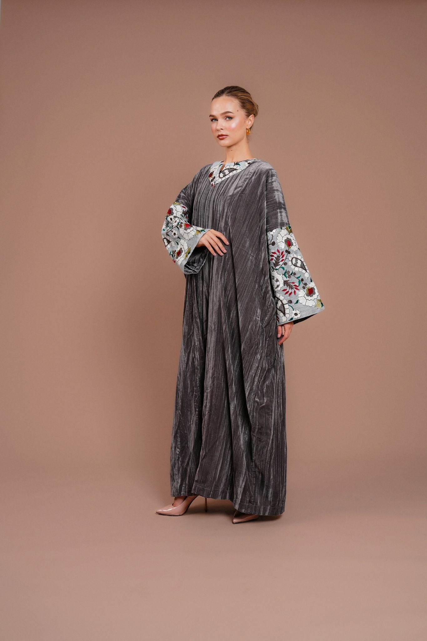 two piece set grey velvet set with flowers