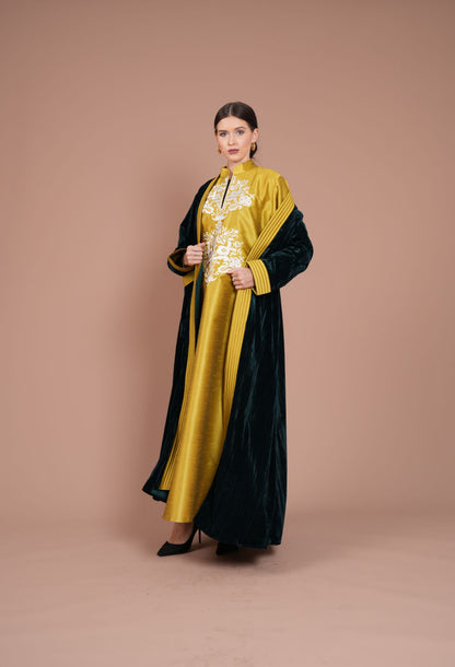 goldish & dark green with embroidery daraa - two piece set