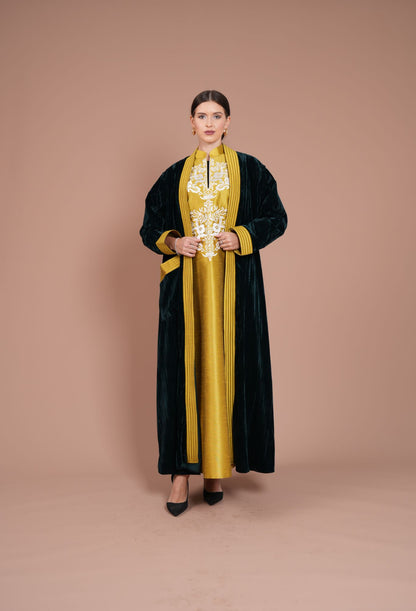 goldish & dark green with embroidery daraa - two piece set