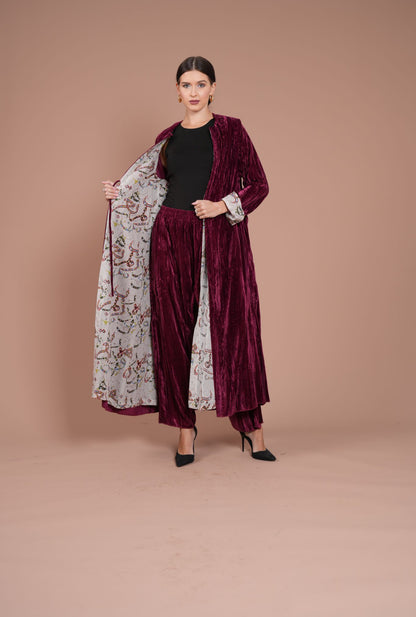 maroon and arabic letters velvet two piece set