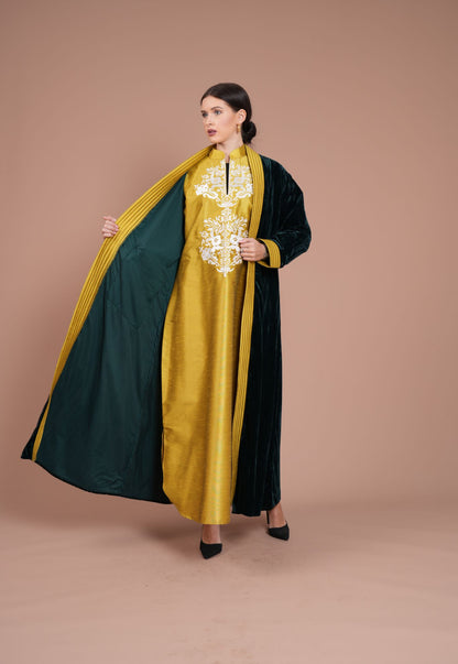 goldish & dark green with embroidery daraa - two piece set