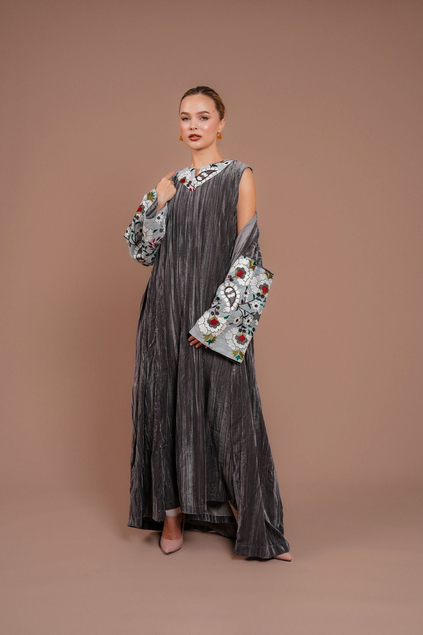 two piece set grey velvet set with flowers