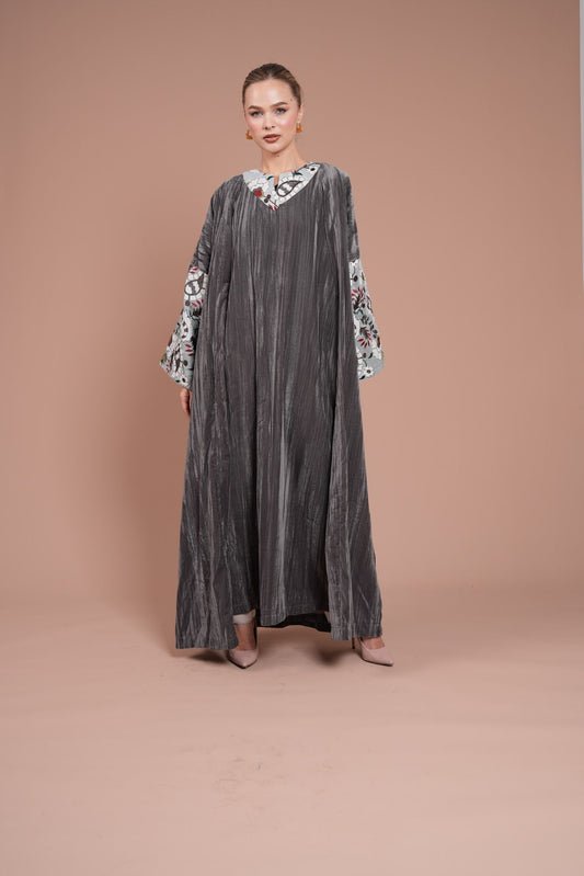 two piece set grey velvet set with flowers